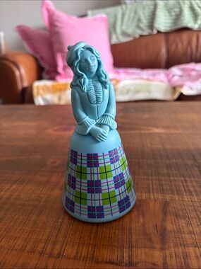 Avon Vintage Blue Girl Figurine with Plaid Skirt Glass Bottle